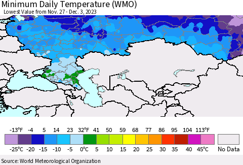 Russian Federation Minimum Daily Temperature (WMO) Thematic Map For 11/27/2023 - 12/3/2023