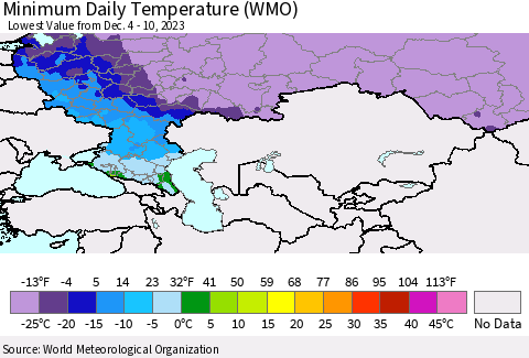 Russian Federation Minimum Daily Temperature (WMO) Thematic Map For 12/4/2023 - 12/10/2023