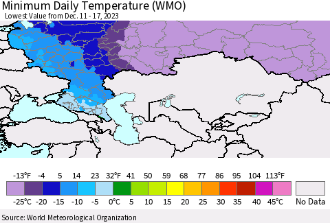 Russian Federation Minimum Daily Temperature (WMO) Thematic Map For 12/11/2023 - 12/17/2023