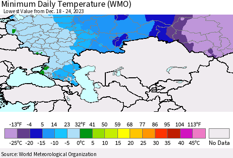 Russian Federation Minimum Daily Temperature (WMO) Thematic Map For 12/18/2023 - 12/24/2023