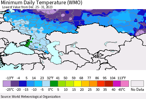 Russian Federation Minimum Daily Temperature (WMO) Thematic Map For 12/25/2023 - 12/31/2023