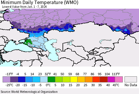 Russian Federation Minimum Daily Temperature (WMO) Thematic Map For 1/1/2024 - 1/7/2024