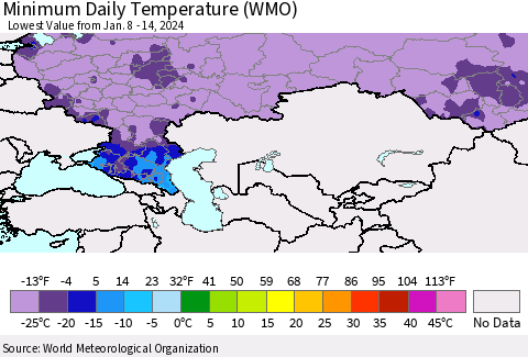 Russian Federation Minimum Daily Temperature (WMO) Thematic Map For 1/8/2024 - 1/14/2024