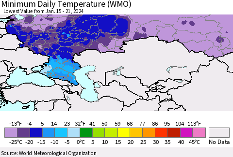 Russian Federation Minimum Daily Temperature (WMO) Thematic Map For 1/15/2024 - 1/21/2024
