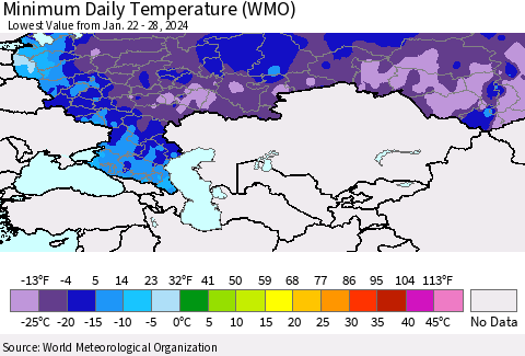 Russian Federation Minimum Daily Temperature (WMO) Thematic Map For 1/22/2024 - 1/28/2024