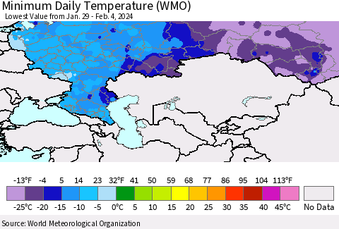 Russian Federation Minimum Daily Temperature (WMO) Thematic Map For 1/29/2024 - 2/4/2024
