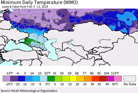 Russian Federation Minimum Daily Temperature (WMO) Thematic Map For 2/5/2024 - 2/11/2024
