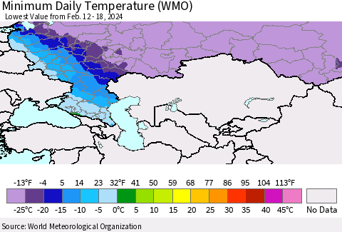 Russian Federation Minimum Daily Temperature (WMO) Thematic Map For 2/12/2024 - 2/18/2024