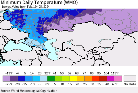 Russian Federation Minimum Daily Temperature (WMO) Thematic Map For 2/19/2024 - 2/25/2024