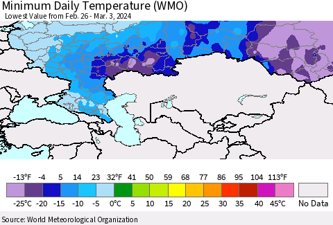 Russian Federation Minimum Daily Temperature (WMO) Thematic Map For 2/26/2024 - 3/3/2024