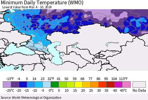 Russian Federation Minimum Daily Temperature (WMO) Thematic Map For 3/4/2024 - 3/10/2024