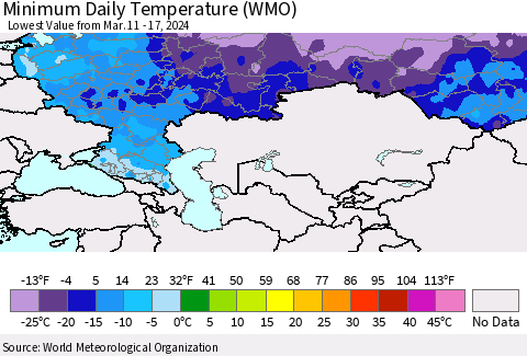 Russian Federation Minimum Daily Temperature (WMO) Thematic Map For 3/11/2024 - 3/17/2024