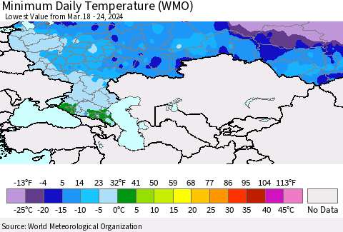 Russian Federation Minimum Daily Temperature (WMO) Thematic Map For 3/18/2024 - 3/24/2024