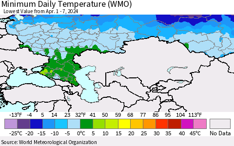Russian Federation Minimum Daily Temperature (WMO) Thematic Map For 4/1/2024 - 4/7/2024