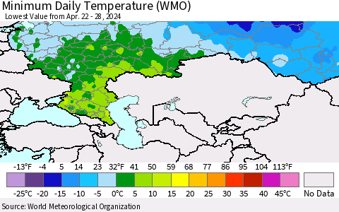 Russian Federation Minimum Daily Temperature (WMO) Thematic Map For 4/22/2024 - 4/28/2024