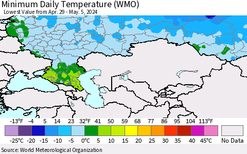 Russian Federation Minimum Daily Temperature (WMO) Thematic Map For 4/29/2024 - 5/5/2024