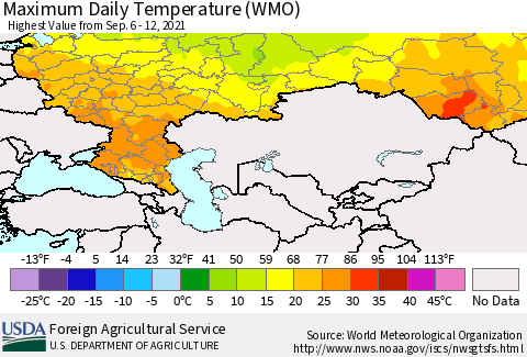 Russian Federation Maximum Daily Temperature (WMO) Thematic Map For 9/6/2021 - 9/12/2021
