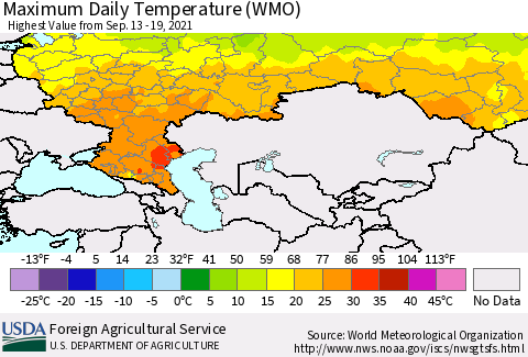 Russian Federation Maximum Daily Temperature (WMO) Thematic Map For 9/13/2021 - 9/19/2021