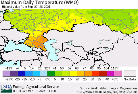 Russian Federation Maximum Daily Temperature (WMO) Thematic Map For 9/20/2021 - 9/26/2021