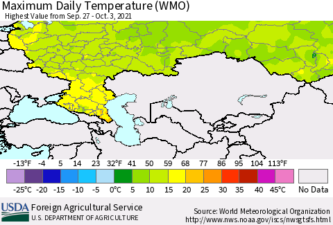 Russian Federation Maximum Daily Temperature (WMO) Thematic Map For 9/27/2021 - 10/3/2021