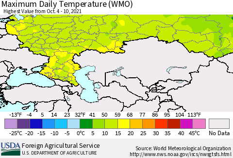 Russian Federation Maximum Daily Temperature (WMO) Thematic Map For 10/4/2021 - 10/10/2021