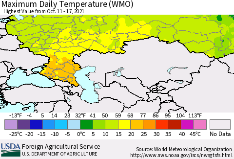Russian Federation Maximum Daily Temperature (WMO) Thematic Map For 10/11/2021 - 10/17/2021
