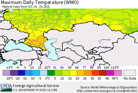 Russian Federation Maximum Daily Temperature (WMO) Thematic Map For 10/18/2021 - 10/24/2021