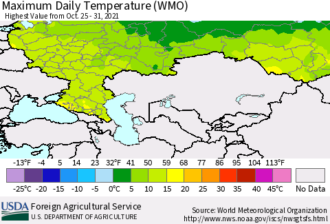 Russian Federation Maximum Daily Temperature (WMO) Thematic Map For 10/25/2021 - 10/31/2021