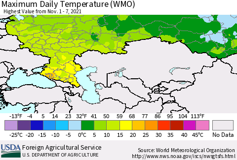 Russian Federation Maximum Daily Temperature (WMO) Thematic Map For 11/1/2021 - 11/7/2021