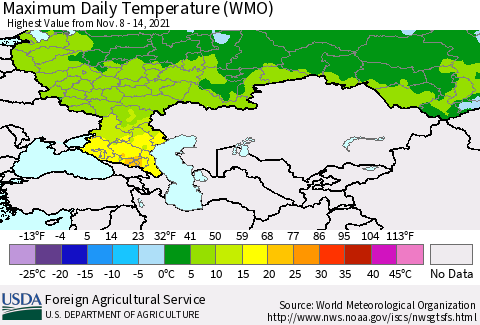 Russian Federation Maximum Daily Temperature (WMO) Thematic Map For 11/8/2021 - 11/14/2021