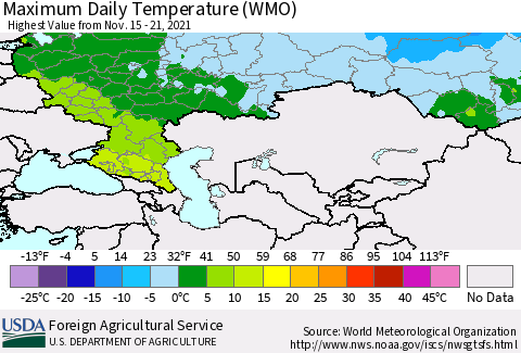 Russian Federation Maximum Daily Temperature (WMO) Thematic Map For 11/15/2021 - 11/21/2021