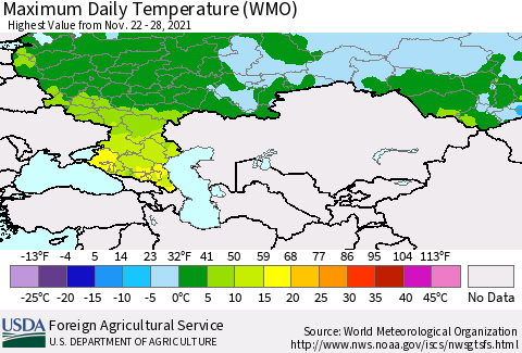 Russian Federation Maximum Daily Temperature (WMO) Thematic Map For 11/22/2021 - 11/28/2021