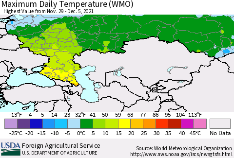Russian Federation Maximum Daily Temperature (WMO) Thematic Map For 11/29/2021 - 12/5/2021