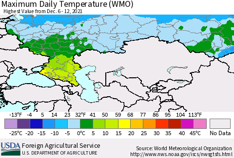 Russian Federation Maximum Daily Temperature (WMO) Thematic Map For 12/6/2021 - 12/12/2021