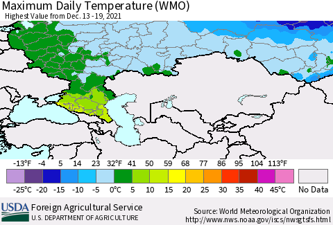 Russian Federation Maximum Daily Temperature (WMO) Thematic Map For 12/13/2021 - 12/19/2021