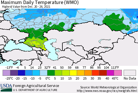 Russian Federation Maximum Daily Temperature (WMO) Thematic Map For 12/20/2021 - 12/26/2021