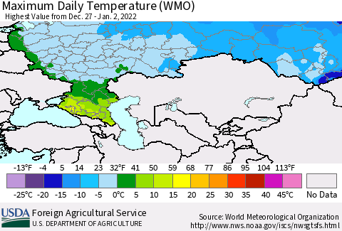 Russian Federation Maximum Daily Temperature (WMO) Thematic Map For 12/27/2021 - 1/2/2022