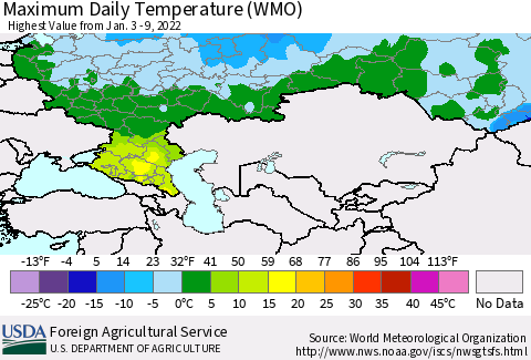 Russian Federation Maximum Daily Temperature (WMO) Thematic Map For 1/3/2022 - 1/9/2022
