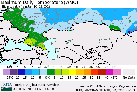 Russian Federation Maximum Daily Temperature (WMO) Thematic Map For 1/10/2022 - 1/16/2022