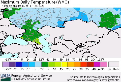 Russian Federation Maximum Daily Temperature (WMO) Thematic Map For 1/17/2022 - 1/23/2022