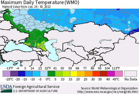 Russian Federation Maximum Daily Temperature (WMO) Thematic Map For 1/24/2022 - 1/30/2022