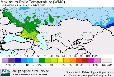 Russian Federation Maximum Daily Temperature (WMO) Thematic Map For 1/31/2022 - 2/6/2022