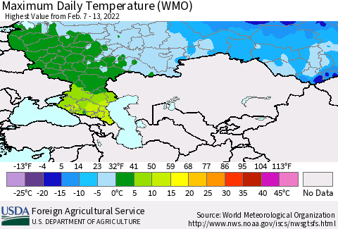 Russian Federation Maximum Daily Temperature (WMO) Thematic Map For 2/7/2022 - 2/13/2022