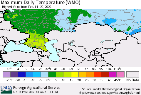 Russian Federation Maximum Daily Temperature (WMO) Thematic Map For 2/14/2022 - 2/20/2022