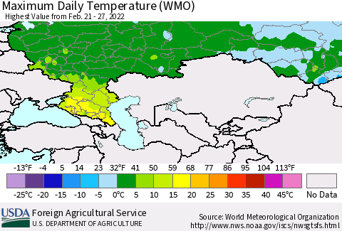 Russian Federation Maximum Daily Temperature (WMO) Thematic Map For 2/21/2022 - 2/27/2022