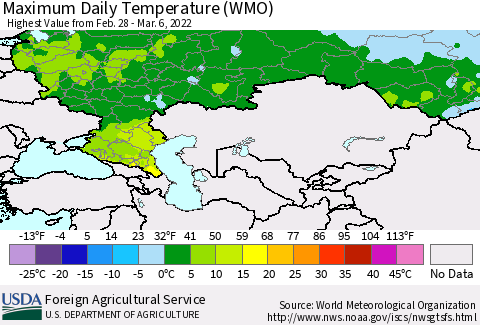 Russian Federation Maximum Daily Temperature (WMO) Thematic Map For 2/28/2022 - 3/6/2022