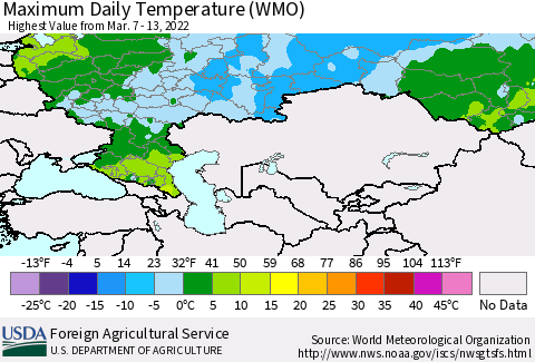 Russian Federation Maximum Daily Temperature (WMO) Thematic Map For 3/7/2022 - 3/13/2022