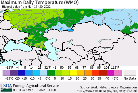 Russian Federation Maximum Daily Temperature (WMO) Thematic Map For 3/14/2022 - 3/20/2022