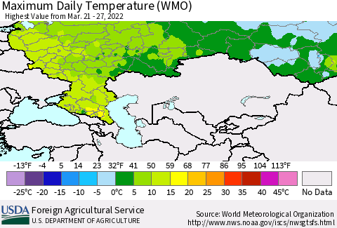 Russian Federation Maximum Daily Temperature (WMO) Thematic Map For 3/21/2022 - 3/27/2022