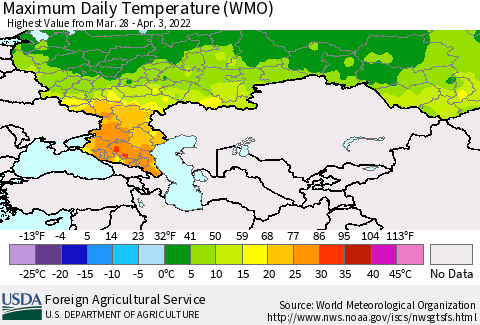 Russian Federation Maximum Daily Temperature (WMO) Thematic Map For 3/28/2022 - 4/3/2022